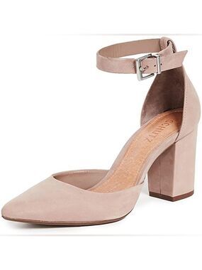 Schutz Ionara Nude Nubuck Ankle Strap Pointed Toe Block Heel Neutral Pumps